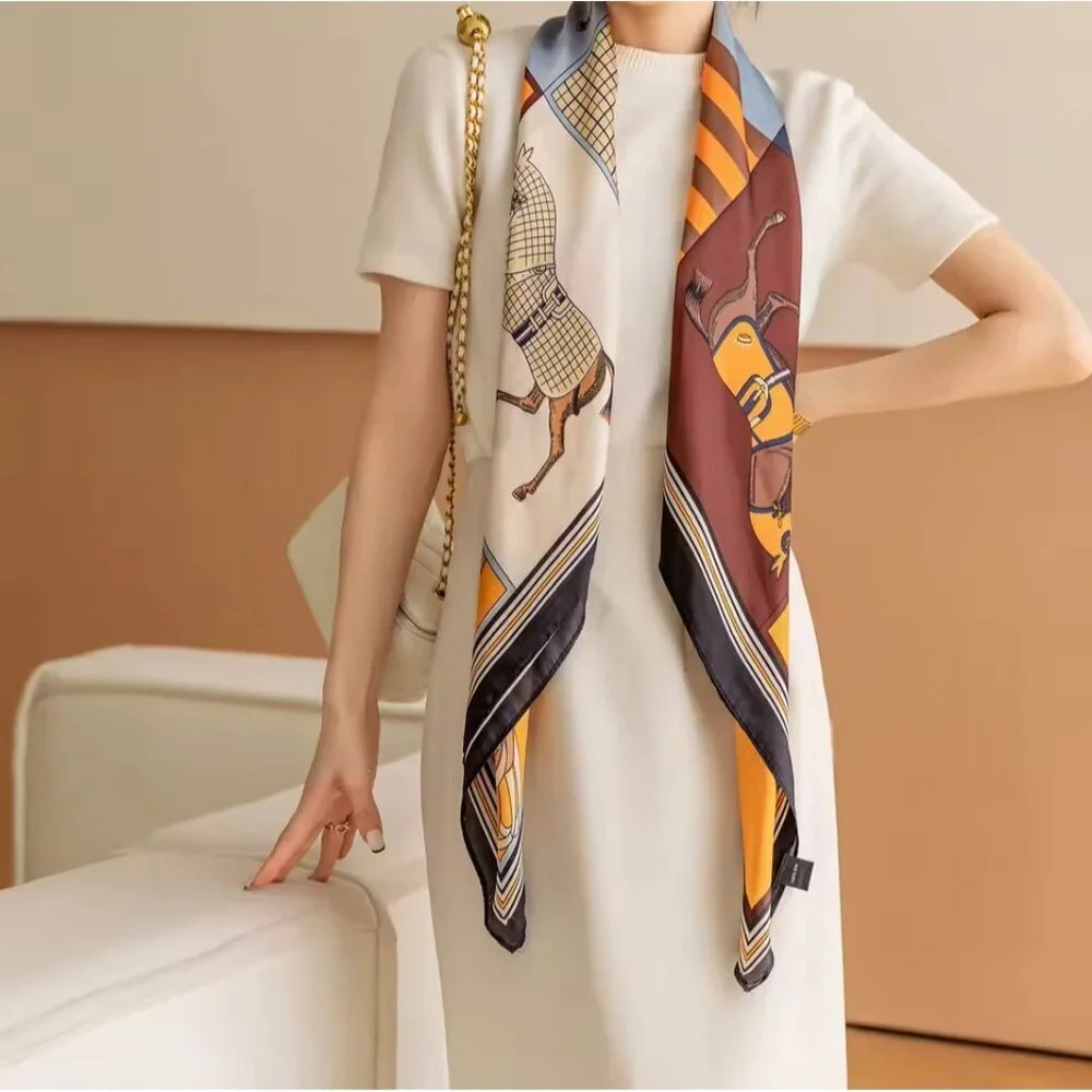 Luxury Vintage Horse Print Square Scarf Silk Feel Shawl Wrap 43x43 in NEW
